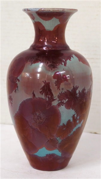 Pretty Phil Morgan Crystalline Vase - Turquoise Background with Mulberry / Burgundy  Crystalline Glaze - Signed Phil Morgan 35 Years Seagrove, NC - 2008 -  Vase is 8 1/4" Tall 