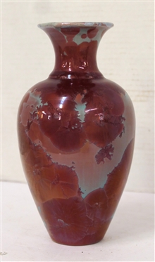 Pretty Phil Morgan Crystalline Vase - Turquoise Background with Mulberry / Burgundy  Crystalline Glaze - Signed Phil Morgan 35 Years Seagrove, NC - 2008 -  Vase is 8 1/4 Tall 