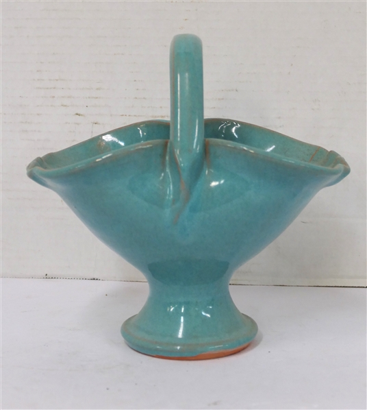 Seagrove North Carolina Pottery Basket - Pretty Turquoise Glaze - Basket is 5 1/2" Tall 7 3/4" by 5" - Attributed to Cole - Unsigned