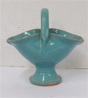 Seagrove North Carolina Pottery Basket - Pretty Turquoise Glaze - Basket is 5 1/2 Tall 7 3/4 by 5 - Attributed to Cole - Unsigned
