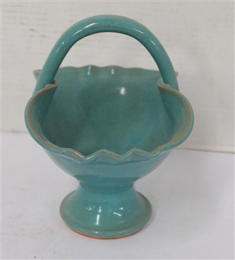 Seagrove North Carolina Pottery Basket - Pretty Turquoise Glaze - Basket is 5 1/2 Tall 7 3/4 by 5 - Attributed to Cole - Unsigned