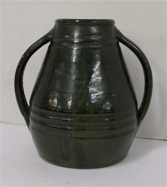 North Carolina Pottery Apothecary Jar - Double Handles - Dark Black / Green Glaze - Incised Rings on Body - Vessel is 10" Tall - Unsigned - Attributed to North State Pottery 
