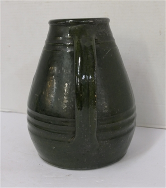 North Carolina Pottery Apothecary Jar - Double Handles - Dark Black / Green Glaze - Incised Rings on Body - Vessel is 10 Tall - Unsigned - Attributed to North State Pottery 