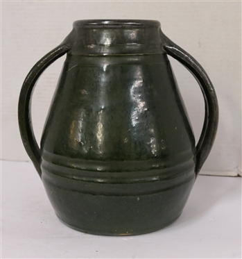 North Carolina Pottery Apothecary Jar - Double Handles - Dark Black / Green Glaze - Incised Rings on Body - Vessel is 10 Tall - Unsigned - Attributed to North State Pottery 