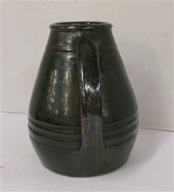 North Carolina Pottery Apothecary Jar - Double Handles - Dark Black / Green Glaze - Incised Rings on Body - Vessel is 10 Tall - Unsigned - Attributed to North State Pottery 