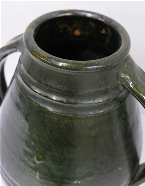 North Carolina Pottery Apothecary Jar - Double Handles - Dark Black / Green Glaze - Incised Rings on Body - Vessel is 10 Tall - Unsigned - Attributed to North State Pottery 