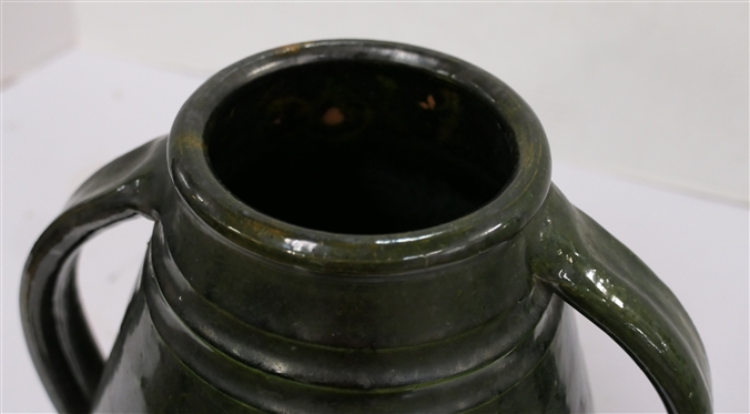 North Carolina Pottery Apothecary Jar - Double Handles - Dark Black / Green Glaze - Incised Rings on Body - Vessel is 10 Tall - Unsigned - Attributed to North State Pottery 