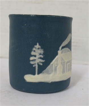 1949 W.B. Stephen Cameo Pottery Mug with Cabin - Dated on Bottom - Mug is 3 1/2 Tall 