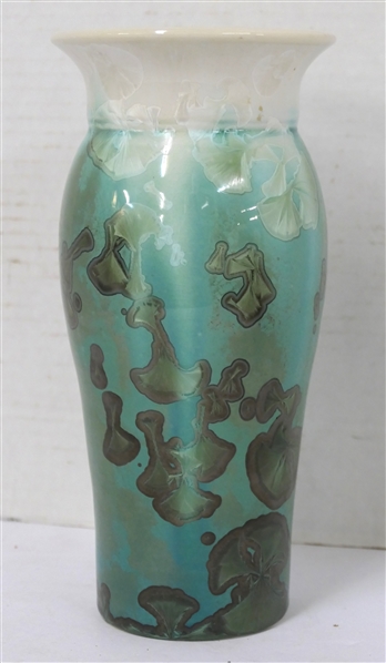 Unsigned Crystalline Pottery Vase - Turquoise and White Background with Light and Dark Green Crystalline Glaze - Vase is 8 1/2" Tall - Not Marked 