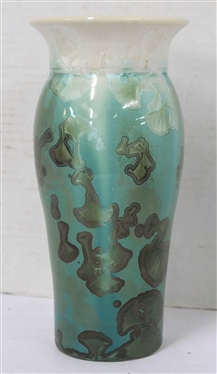 Unsigned Crystalline Pottery Vase - Turquoise and White Background with Light and Dark Green Crystalline Glaze - Vase is 8 1/2 Tall - Not Marked 