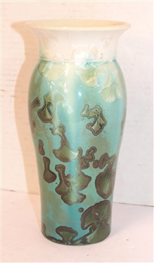 Unsigned Crystalline Pottery Vase - Turquoise and White Background with Light and Dark Green Crystalline Glaze - Vase is 8 1/2 Tall - Not Marked 