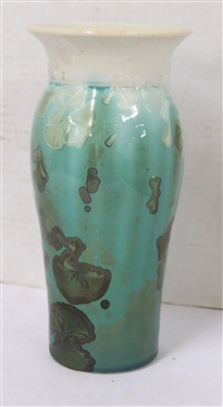 Unsigned Crystalline Pottery Vase - Turquoise and White Background with Light and Dark Green Crystalline Glaze - Vase is 8 1/2 Tall - Not Marked 