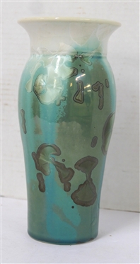 Unsigned Crystalline Pottery Vase - Turquoise and White Background with Light and Dark Green Crystalline Glaze - Vase is 8 1/2 Tall - Not Marked 