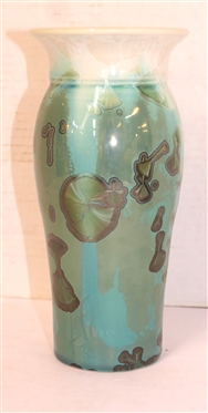 Unsigned Crystalline Pottery Vase - Turquoise and White Background with Light and Dark Green Crystalline Glaze - Vase is 8 1/2 Tall - Not Marked 
