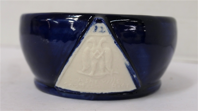 1942 Pisgah Forest Cameo Pottery Bowl - Asheville Scottish Rite on Front - Dated 1942 on Bottom- Cobalt Blue Glaze on Body Pink Glazed Interior - Bowl is 2 1/2 Tall 4 3/4 Across