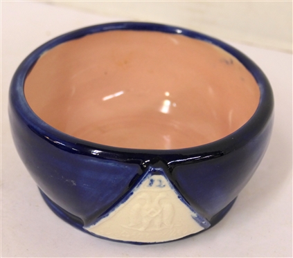 1942 Pisgah Forest Cameo Pottery Bowl - Asheville Scottish Rite on Front - Dated 1942 on Bottom- Cobalt Blue Glaze on Body Pink Glazed Interior - Bowl is 2 1/2 Tall 4 3/4 Across