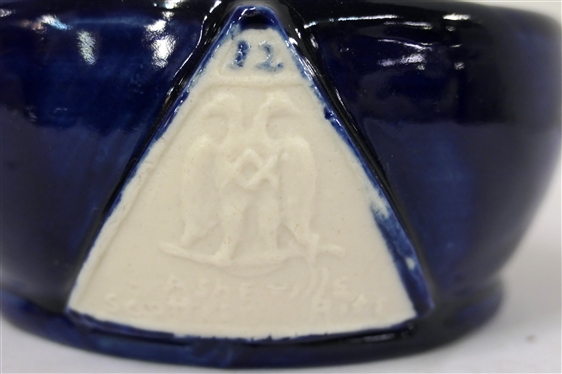 1942 Pisgah Forest Cameo Pottery Bowl - Asheville Scottish Rite on Front - Dated 1942 on Bottom- Cobalt Blue Glaze on Body Pink Glazed Interior - Bowl is 2 1/2 Tall 4 3/4 Across