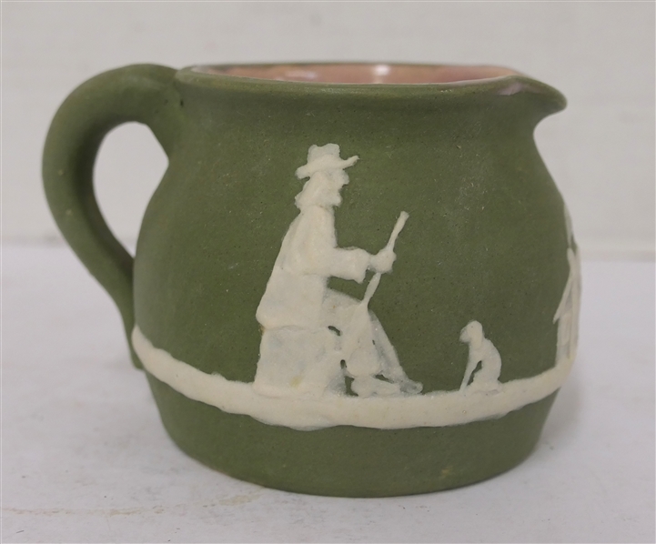 1953 Stephen Cameo Pottery Creamer - Light Green with Hunter and Cabin Cameo Scene -Pink Glaze Interior -  1953 Cameo Stephen Long Pine Arden, NC on Bottom  - Cream Pitcher is 3" Tall 