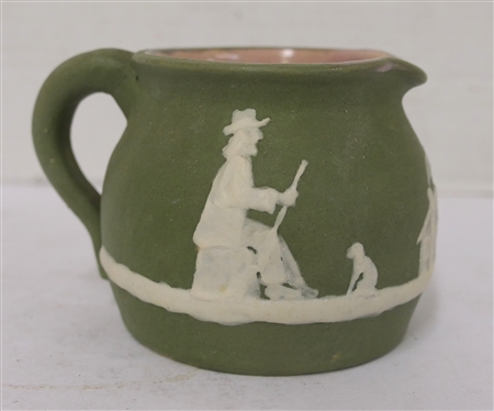1953 Stephen Cameo Pottery Creamer - Light Green with Hunter and Cabin Cameo Scene -Pink Glaze Interior -  1953 Cameo Stephen Long Pine Arden, NC on Bottom  - Cream Pitcher is 3 Tall 