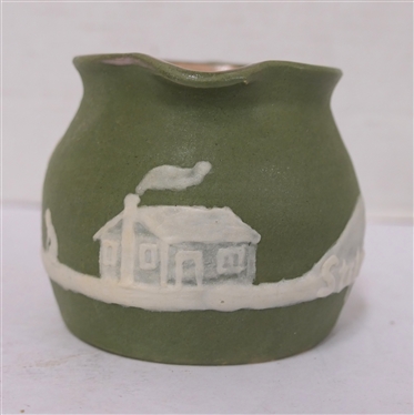 1953 Stephen Cameo Pottery Creamer - Light Green with Hunter and Cabin Cameo Scene -Pink Glaze Interior -  1953 Cameo Stephen Long Pine Arden, NC on Bottom  - Cream Pitcher is 3 Tall 