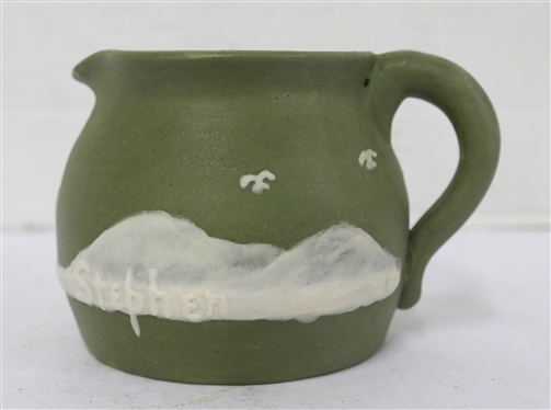 1953 Stephen Cameo Pottery Creamer - Light Green with Hunter and Cabin Cameo Scene -Pink Glaze Interior -  1953 Cameo Stephen Long Pine Arden, NC on Bottom  - Cream Pitcher is 3 Tall 