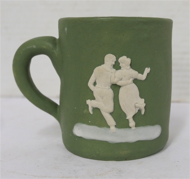 Pisgah Forest Pottery Cameo Mug Green Glazed Body with Cameo Dancing Man and Woman - Mug is 3 1/2" Tall - Stamped Pisgah Forest on Bottom 