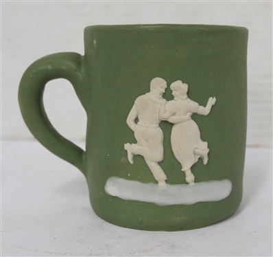 Pisgah Forest Pottery Cameo Mug Green Glazed Body with Cameo Dancing Man and Woman - Mug is 3 1/2 Tall - Stamped Pisgah Forest on Bottom 