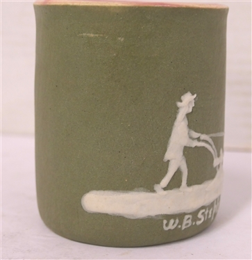 1949 Pisgah Forest Cameo Pottery Mug - Signed W.B. Stephen - Green Glazed Body with Cameo Plowing Farmer - W.B. Stephen - Bottom Dated 1949 with Stephen - Also Preston - Mug is 3 1/2 Tall 