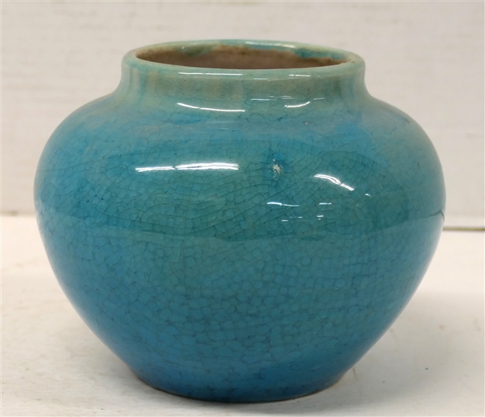 1940s Pisgah Forest Blue / Turquoise Crackle Glaze Vessel - Pale Pink Interior Glaze - Stamped Stephen with Date on Bottom - Vessel is 5" Tall 