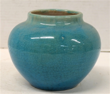 1940''s Pisgah Forest Blue / Turquoise Crackle Glaze Vessel - Pale Pink Interior Glaze - Stamped Stephen with Date on Bottom - Vessel is 5 Tall 
