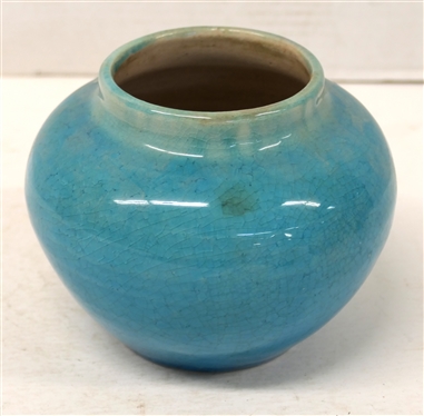 1940''s Pisgah Forest Blue / Turquoise Crackle Glaze Vessel - Pale Pink Interior Glaze - Stamped Stephen with Date on Bottom - Vessel is 5 Tall 
