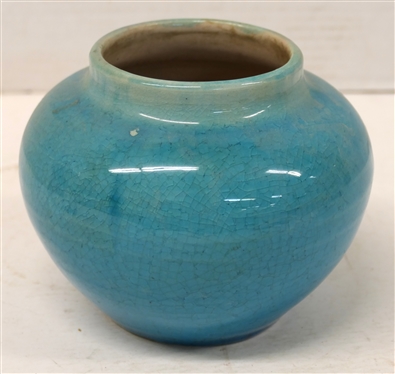 1940''s Pisgah Forest Blue / Turquoise Crackle Glaze Vessel - Pale Pink Interior Glaze - Stamped Stephen with Date on Bottom - Vessel is 5 Tall 