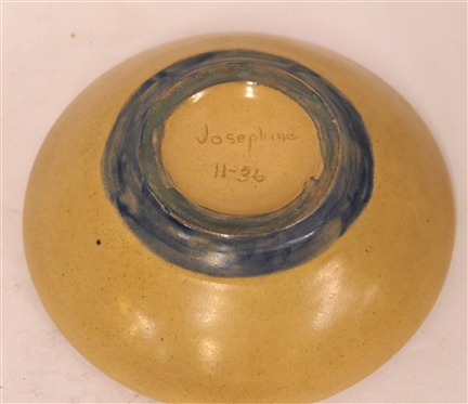 Small Art Pottery Bowl with Blue Glaze - Signed Josephine 11-36 - Bowl is 2 Tall 6 wide