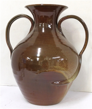 Large Seagrove North Carolina Pottery Vase - Double Handled Form - Speckled Glaze - Heavy - Vase is 16 Tall 