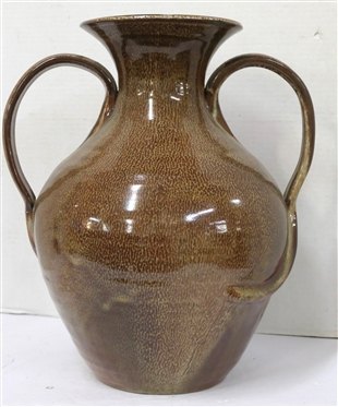 Large Seagrove North Carolina Pottery Vase - Double Handled Form - Speckled Glaze - Heavy - Vase is 16 Tall 