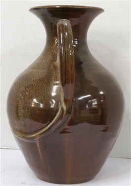 Large Seagrove North Carolina Pottery Vase - Double Handled Form - Speckled Glaze - Heavy - Vase is 16 Tall 