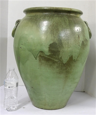 Large Seagrove North Carolina Floor Vase - Seafoam Green / Turquoise Glaze - Double Ring Handles - Vessel is 20 Tall - Hole in Body and Crack in Side - Attributed to the Cole Family - Seagrove, NC 