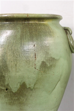 Large Seagrove North Carolina Floor Vase - Seafoam Green / Turquoise Glaze - Double Ring Handles - Vessel is 20 Tall - Hole in Body and Crack in Side - Attributed to the Cole Family - Seagrove, NC 