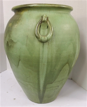Large Seagrove North Carolina Floor Vase - Seafoam Green / Turquoise Glaze - Double Ring Handles - Vessel is 20 Tall - Hole in Body and Crack in Side - Attributed to the Cole Family - Seagrove, NC 