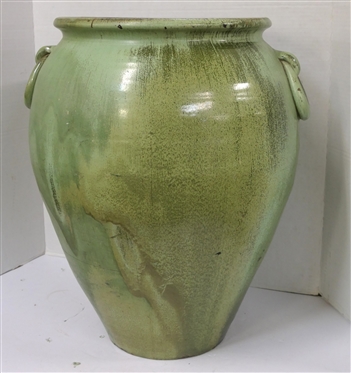 Large Seagrove North Carolina Floor Vase - Seafoam Green / Turquoise Glaze - Double Ring Handles - Vessel is 20 Tall - Hole in Body and Crack in Side - Attributed to the Cole Family - Seagrove, NC 