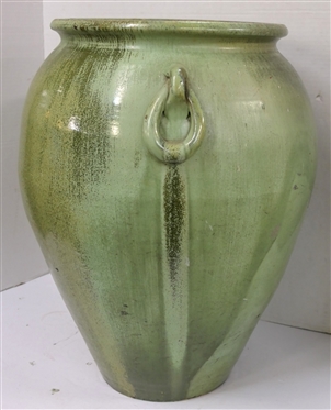 Large Seagrove North Carolina Floor Vase - Seafoam Green / Turquoise Glaze - Double Ring Handles - Vessel is 20 Tall - Hole in Body and Crack in Side - Attributed to the Cole Family - Seagrove, NC 