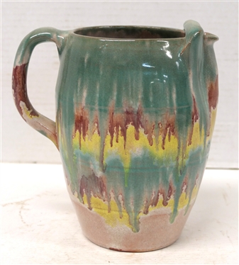 Cole / Rainbow Pottery Pitcher with Ice Lip - Green, Mulberry, Yellow and Pink Glazes - Not Signed - Pitcher is 7 Tall 