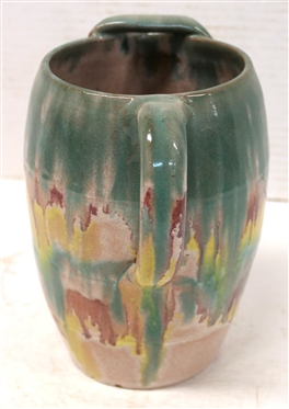 Cole / Rainbow Pottery Pitcher with Ice Lip - Green, Mulberry, Yellow and Pink Glazes - Not Signed - Pitcher is 7 Tall 