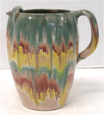 Cole / Rainbow Pottery Pitcher with Ice Lip - Green, Mulberry, Yellow and Pink Glazes - Not Signed - Pitcher is 7 Tall 