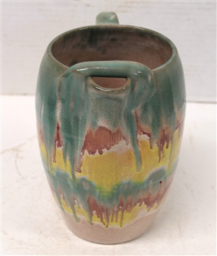 Cole / Rainbow Pottery Pitcher with Ice Lip - Green, Mulberry, Yellow and Pink Glazes - Not Signed - Pitcher is 7 Tall 