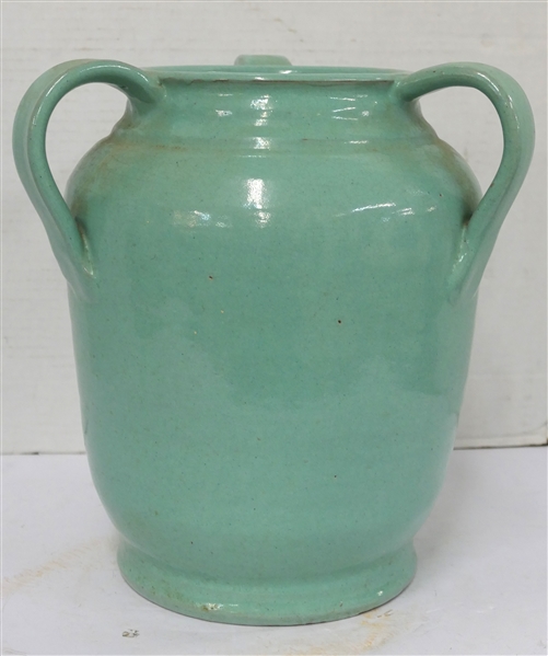 Large North Carolina Pottery Vessel with 3 Loop Handles - Pretty Light Green Seafoam / Turquoise Glaze - Vessel is 10" Tall -  W 21 10" Incised on Bottom 
