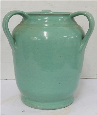 Large North Carolina Pottery Vessel with 3 Loop Handles - Pretty Light Green Seafoam / Turquoise Glaze - Vessel is 10 Tall -  W 21 10 Incised on Bottom 
