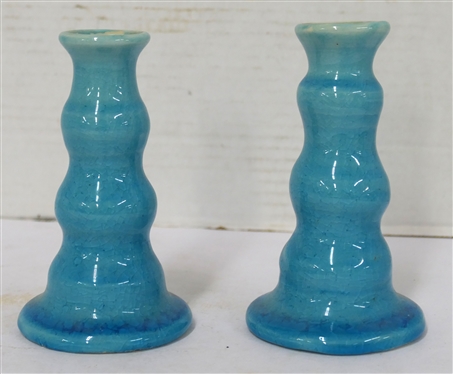 Pair of Pisgah Forest Bright Blue Glazed Candle Sticks - Intentional Crazed Finish - Weak Marks on Bottoms - Each Candle Stick is 5 1/4 Tall 