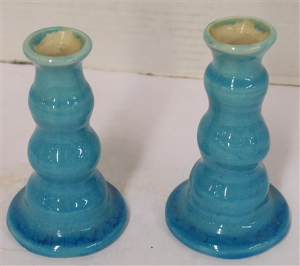 Pair of Pisgah Forest Bright Blue Glazed Candle Sticks - Intentional Crazed Finish - Weak Marks on Bottoms - Each Candle Stick is 5 1/4 Tall 