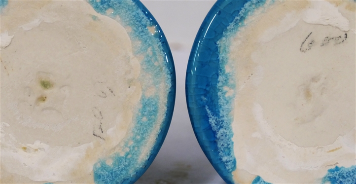 Pair of Pisgah Forest Bright Blue Glazed Candle Sticks - Intentional Crazed Finish - Weak Marks on Bottoms - Each Candle Stick is 5 1/4 Tall 